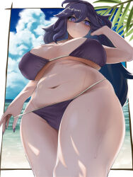 Rule 34 | 1girl, :|, @ @, bare shoulders, beach, bikini, blue sky, blush, breasts, breasts apart, closed mouth, cloud, commentary request, covered erect nipples, cowboy shot, creatures (company), dappled sunlight, game freak, hair between eyes, hairband, hand in own hair, hex maniac (pokemon), highres, huge breasts, long hair, looking at viewer, navel, nintendo, okome (komehakumai), palm leaf, paneled background, plump, pokemon, pokemon xy, purple bikini, purple eyes, purple hairband, purple nails, shadow, shiny skin, sky, solo, standing, strap pull, sunlight, sweat, swimsuit, thick thighs, thighs, thong, thong bikini, very long hair, wavy hair