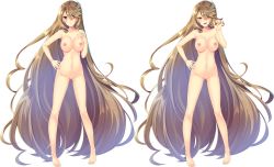 Rule 34 | 1girl, absurdly long hair, absurdres, artist request, barefoot, blush, breasts, brown hair, completely nude, copyright request, full body, girls book maker ~shiawase no libretto~, highres, large breasts, long hair, looking at viewer, navel, nipples, no pussy, nude, open mouth, purple eyes, smile, solo, standing, transparent background, variations, very long hair
