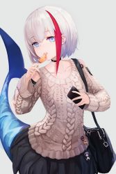 Rule 34 | 1girl, admiral graf spee (azur lane), admiral graf spee (peaceful daily life) (azur lane), anizi, aran sweater, azur lane, bag, black choker, black skirt, blue eyes, brown sweater, cable knit, candy, cellphone, choker, collarbone, commentary, deutschland (azur lane), fins, fish tail, food, grey background, hand up, highres, holding, holding candy, holding food, holding lollipop, holding phone, charm (object), licking, lollipop, long sleeves, looking at viewer, miniskirt, multicolored hair, phone, red hair, shark tail, short hair, shoulder bag, sidelocks, simple background, skirt, smartphone, solo, standing, streaked hair, sweater, swirl lollipop, tail, tongue, tongue out, upper body, white hair