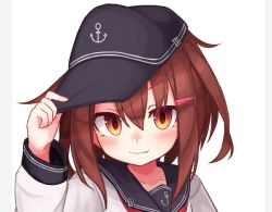 Rule 34 | 1girl, anchor symbol, bad id, bad twitter id, black hat, black sailor collar, brown hair, commentary request, fang, flat cap, hair ornament, hairclip, hat, ikazuchi (kancolle), kantai collection, looking at viewer, neckerchief, red neckerchief, reitou mikan, sailor collar, school uniform, serafuku, short hair, simple background, smile, solo, white background