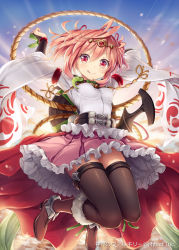 Rule 34 | 1girl, akkijin, amulet, blue sky, boots, card (medium), frilled skirt, frills, japanese clothes, jewelry, jumping, looking at viewer, official art, orange hair, red eyes, shinkai no valkyrie, short hair, skirt, sky, solo, sunrise, thighhighs, tiara, tongue, tongue out, weapon