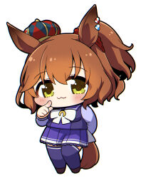 Rule 34 | 1girl, :3, animal ears, aston machan (umamusume), black footwear, blue shirt, blush, brown hair, chibi, closed mouth, commentary request, crown, full body, green eyes, hair between eyes, hair ornament, hair scrunchie, hand up, highres, horse ears, horse girl, horse tail, looking at viewer, mini crown, pleated skirt, plover, ponytail, purple skirt, purple thighhighs, red scrunchie, school uniform, scrunchie, shirt, shoes, simple background, skirt, solo, tail, thighhighs, tilted headwear, tracen school uniform, umamusume, white background