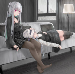 Rule 34 | 2girls, ak-12 (girls&#039; frontline), an-94 (girls&#039; frontline), blush, braid, breasts, cardigan, casual, closed eyes, closed mouth, couch, feet, french braid, girls&#039; frontline, hairband, hand on own chest, highres, indoors, jewelry, lampshade, lap pillow, long hair, long sleeves, lying, medium breasts, multiple girls, on couch, on side, pantyhose, pendant, pillow, purple eyes, rain, ru zhai, shirt, sidelocks, silver hair, sitting, skirt, sleeping, smile, thighhighs, very long hair, vest, window