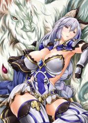 Rule 34 | 10s, 1girl, animal ears, blush, breasts, cat ears, cat girl, cleavage, dierdre, erune, female focus, gloves, granblue fantasy, hair between eyes, hairband, heles, kimura neito, large breasts, long hair, open mouth, shoulder pads, silver hair, sitting, solo, thighhighs, yellow eyes