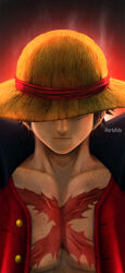 Rule 34 | 1boy, artist name, artofide, black cape, black hair, cape, closed mouth, facial scar, hat, hat over eyes, highres, monkey d. luffy, one piece, open clothes, open shirt, portrait, red shirt, scar, scar on cheek, scar on chest, scar on face, shirt, short hair, solo, solo focus, straw hat