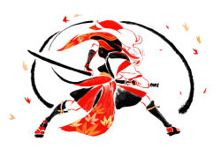 Rule 34 | 1boy, arm guards, armor, black shorts, cloak, commentary, english commentary, falling leaves, fighting stance, from side, full body, genshin impact, holding, holding sword, holding weapon, hwei, japanese armor, japanese clothes, kaedehara kazuha, kote, kurokote, leaf, leaf print, legs apart, maple leaf, multicolored hair, partially colored, ponytail, ready to draw, red hair, red socks, sandals, sash, shin guards, short sleeves, shorts, simple background, socks, solo, standing, streaked hair, sword, tabi, weapon, white background, white hair, zouri