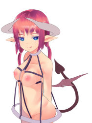 Rule 34 | 1girl, :q, bad id, bad pixiv id, blue eyes, breasts, demon horns, demon tail, heart, heart-shaped pupils, horns, long hair, low twintails, low wings, medium breasts, nipples, pointy ears, purple hair, red hair, sigetch, simple background, symbol-shaped pupils, tail, tongue, tongue out, twintails, white background, wings