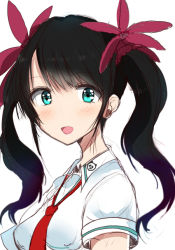Rule 34 | 1girl, :d, black hair, blue eyes, breasts, collared shirt, commentary request, hair ornament, haru (nature life), ling xiaoyu, long hair, looking at viewer, looking to the side, medium breasts, necktie, open mouth, red necktie, shirt, short sleeves, sidelocks, simple background, smile, solo, tekken, tekken 7, twintails, upper body, white background, white shirt