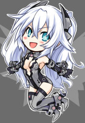 Rule 34 | 10s, 1girl, bad id, bad pixiv id, bare shoulders, black heart (neptunia), blue eyes, blush, breasts, chibi, cleavage, crossed bangs, full body, hair ornament, headgear, kamia (not found), long hair, medium breasts, neptune (series), noire (neptunia), open mouth, power symbol-shaped pupils, solo, symbol-shaped pupils, twintails, very long hair, white hair