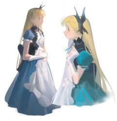 Rule 34 | 1girl, alice (alice in wonderland), alice in wonderland, apron, back bow, black bow, black collar, black hairband, blonde hair, blue dress, blue eyes, blue ribbon, blue sleeves, blunt bangs, bow, cleavage cutout, closed mouth, clothing cutout, collar, collarbone, commentary, cropped legs, dress, expressionless, frilled apron, frilled sleeves, frills, from side, gloves, hair bow, hairband, hands on lap, high collar, highres, holding own wrist, long hair, multiple views, neck ribbon, puffy short sleeves, puffy sleeves, ribbon, sanyang003, short sleeves, simple background, single glove, square neckline, straight hair, very long hair, white apron, white background, white gloves