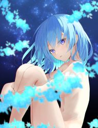 Rule 34 | 1girl, absurdres, blue eyes, blue hair, breasts, completely nude, from side, hair between eyes, highres, hololive, hoshimachi suisei, hugging own legs, long hair, navel, nude, oniku (o29sukizero), parted lips, sitting, sky, small breasts, solo, star (sky), starry sky, straight hair, underboob, virtual youtuber