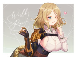 Rule 34 | 1girl, armor, blonde hair, blouse, blue eyes, blush, breasts, claw ring, collared shirt, corset, english text, grace (granblue fantasy), granblue fantasy, hands up, heart, highres, index finger raised, leaning forward, long sleeves, looking at viewer, medium breasts, medium hair, open mouth, shirt, shoulder armor, sideboob, single sleeve, smile, solo, upper body, white shirt, wire, yuntae