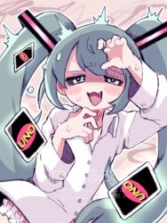 1girl aqua_hair black_sclera blush card colored_sclera commentary_request fang hatsune_miku long_hair long_sleeves looking_at_viewer mesugaki mimukauwa_nice_try_(vocaloid) nakajima_lupus open_mouth playing_card shirt twintails uno_(game) vocaloid white_shirt