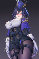 Rule 34 | 1girl, arms at sides, aroused, black corset, blue cape, blue hair, breasts, buttons, cape, clorinde (genshin impact), commentary request, corset, covered erect nipples, dangle earrings, dark background, dark blue hair, earrings, elbow gloves, epaulettes, fold-over gloves, framed breasts, genshin impact, gloves, gradient background, hair between eyes, hat, hat feather, heart, heart-shaped pupils, heavy breathing, highres, jewelry, large breasts, long hair, long hair between eyes, looking at viewer, low ponytail, naughty face, open mouth, paid reward available, pencil skirt, purple eyes, shirt, signature, skirt, solo, standing, symbol-shaped pupils, taut clothes, taut shirt, thigh strap, trembling, tricorne, very long hair, white gloves, white shirt, zero130