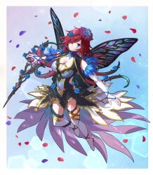 Rule 34 | 1girl, blue eyes, boots, border, breasts, butterfly wings, cleavage, covered navel, detached sleeves, dress, expressionless, facial mark, fairy, fairy wings, falling petals, fire emblem, fire emblem heroes, flower, gradient flower, grey sleeves, hair flower, hair ornament, hair over one eye, hair vines, highres, insect wings, large breasts, looking at viewer, minorudonguri, nintendo, official alternate costume, petals, plant, plant hair, simple background, solo, sunlight, thigh boots, thighhighs, thorns, triandra (fire emblem), triandra (reverent dream) (fire emblem), vines, white border, wings