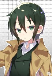 Rule 34 | 1girl, androgynous, artist name, beige coat, closed mouth, coat, commentary, gradient background, green eyes, green hair, green jacket, hair between eyes, highres, jacket, kino (kino no tabi), kino no tabi, long sleeves, looking at viewer, marui shiro, open clothes, open coat, patterned background, shirt, shirt under jacket, solo, tomboy, upper body, white shirt