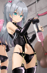 Rule 34 | anal, ass, blue eyes, bondage outfit, censored, chain, dominatrix, femdom, fishnets, garter straps, gin (shioyude), gloves, grey hair, navel, pink hair, testicles, thighhighs, thighs, zipper