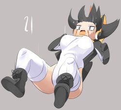 Rule 34 | 1girl, black eyes, black footwear, black hair, black jacket, boots, breasts, commentary request, emperor penguin (kemono friends), falling, full body, grey background, headphones, jacket, kemono friends, large breasts, lets0020, motion lines, multicolored hair, numbered, one-piece swimsuit, open clothes, open jacket, open mouth, orange hair, short hair, simple background, solo, streaked hair, swimsuit, tearing up, thighhighs, v-shaped eyebrows, white one-piece swimsuit, white thighhighs