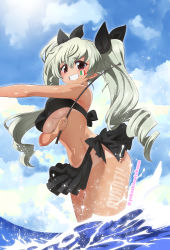Rule 34 | 1girl, absurdres, anchovy (girls und panzer), bikini, black bikini, blush, breasts, brown eyes, cloud, cloudy sky, drill hair, girls und panzer, green hair, grin, highres, italian flag, long hair, looking at viewer, navel, partially submerged, sky, smile, solo, sweat, swimsuit, tan, tanline, thighs, twintails, underboob, very long hair, whip, yokoshima takemaru