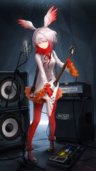 Rule 34 | 10s, 1girl, absurdres, amplifier, boots, brown footwear, cable, effects pedal, electric guitar, frills, full body, gloves, guitar, head tilt, head wings, highres, instrument, japanese crested ibis (kemono friends), kemono friends, koenigsegg, long hair, long sleeves, microphone, microphone stand, multicolored hair, open mouth, orange skirt, pantyhose, pleated skirt, plectrum, red gloves, red hair, red pantyhose, shirt, skirt, solo, speaker, standing, tile floor, tiles, two-tone hair, white hair, white shirt, wings, yellow eyes