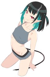 Rule 34 | 1girl, nanashi inc., akitetsu, alternate costume, black hair, blue hair, bright pupils, camisole, closed mouth, cowboy shot, cropped legs, demon girl, demon horns, demon tail, fang, flat chest, grey camisole, grey shorts, horns, looking at viewer, medium hair, midriff, multicolored hair, navel, one side up, pointy ears, red eyes, shishio chris, short shorts, shorts, simple background, smile, solo, sugar lyric, tail, transparent background, two-tone hair, virtual youtuber, white pupils