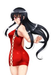 Rule 34 | 1girl, akame (akame ga kill!), akame ga kill!, ass, bare shoulders, black hair, blush, breasts, dress, highres, jewelry, lips, long hair, looking at viewer, medium breasts, parted lips, pink eyes, red dress, ring, simple background, skin tight, smile, solo, standing, twrlare, white background