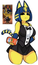 Rule 34 | 1girl, absurdres, animal crossing, animal ears, ankha (animal crossing), arm behind back, black eyes, blue hair, breasts, can, cat ears, cat tail, colored skin, drink can, eyeliner, highres, holding, holding can, looking at viewer, makeup, nicecream, nintendo, photo inset, reference inset, simple background, skirt, soda can, split mouth, striped tail, tail, thick thighs, thighs, white background, yellow skin
