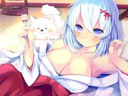 Rule 34 | 1girl, bare shoulders, blue hair, blush, breasts, cleavage, crossed bangs, dog, hair ornament, highres, indoors, japanese clothes, large breasts, light blue hair, looking at viewer, miko, mimikaki, nontraditional miko, off shoulder, official art, purple eyes, short hair, solo, sukemyon, x hair ornament