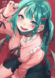 Rule 34 | 1girl, aqua eyes, aqua hair, bandaid, bandaid on neck, bat wings, black choker, black mask, black nails, black skirt, black wings, choker, commentary, ear piercing, earrings, fangs, hair ornament, hand up, hatsune miku, heart, heart hair ornament, highres, inue ao, jewelry, long sleeves, looking at viewer, looking up, low twintails, low wings, mask, mouth mask, nail polish, open mouth, piercing, pink shirt, ring, shirt, skirt, solo, stud earrings, tongue, twintails, upper body, vampire (vocaloid), vocaloid, wings, wristband