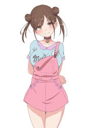 Rule 34 | 1girl, absurdres, alternate costume, arms behind back, artist request, blue shirt, brown eyes, brown hair, choker, commentary request, double bun, hair bun, highres, idolmaster, idolmaster shiny colors, looking at viewer, miniskirt, overall skirt, pink skirt, shirt, short sleeves, short twintails, simple background, skirt, smile, solo, sonoda chiyoko, thighs, twintails, white background