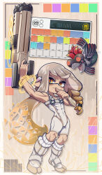 Rule 34 | 1boy, abs, blonde hair, bodysuit, boots, braid, closed mouth, color chip (splatoon), commentary request, full body, gradient hair, grey background, grey hair, gun, hero shot (splatoon 3), highres, holding, holding gun, holding weapon, inkling, inkling boy, inkling player character, kaaaisolt, long hair, looking at viewer, male focus, multicolored hair, nintendo, orange eyes, pectoral cleavage, pectorals, pointy ears, single braid, sleeveless, sleeveless bodysuit, slit pupils, smallfry (splatoon), smile, socks, solo, splatoon (series), splatoon 3, splatoon 3: side order, standing, tentacle hair, toned, toned male, two-tone hair, very long hair, weapon, white bodysuit, white footwear, white socks