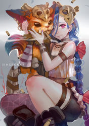 Rule 34 | 1boy, 1girl, belt, blue hair, bow, breasts, bullet casing, canking, character name, choker, cigar, cleavage, earrings, english text, gnar, gnar (league of legends), hair bow, jewelry, jinx (league of legends), league of legends, long hair, looking at viewer, nail polish, necklace, red eyes, shell casing, single thighhigh, skull, small breasts, smile, squatting, thigh strap, thighhighs, very long hair