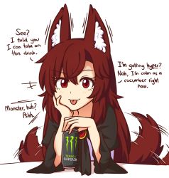 Rule 34 | +++, 1girl, :p, afterimage, animal ear fluff, animal ears, blush, brand name imitation, brooch, brown hair, can, commentary, dress, energy drink, english commentary, english text, eyelashes, hair between eyes, head rest, imaizumi kagerou, indonesian text, jewelry, lies, long hair, long sleeves, looking at viewer, monster energy, red eyes, shadow, simple background, smile, solo, tail, tail wagging, tongue, tongue out, touhou, translated, upper body, very long hair, white background, white dress, wide sleeves, wolf ears, wolf tail, wool (miwol)