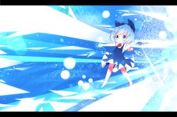 Rule 34 | 1girl, akisha, bad id, bad pixiv id, blue eyes, blue hair, bow, cirno, dress, hair bow, highres, ice, ice wings, letterboxed, matching hair/eyes, open mouth, short hair, short sleeves, smile, solo, touhou, wings