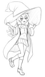 Rule 34 | 1girl, alloyrabbit, choker, collarbone, fangs, full body, greyscale, hand on headwear, hat, highres, kneehighs, kuroda toshiko, large hat, loafers, long hair, long sleeves, looking at viewer, miniskirt, monochrome, navel, original, oversized hat, robe, shoes, simple background, sketch, skirt, slit pupils, socks, solo, standing, standing on one leg, vampire, white background, wide sleeves, witch hat