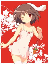Rule 34 | 1girl, :3, ;3, animal ears, bare shoulders, blush, brown hair, carrot, chemise, female focus, floral background, flower, inaba tewi, jewelry, one eye closed, pendant, rabbit ears, rabbit girl, rabbit tail, red background, red eyes, short hair, smile, solo, tail, thighhighs, touhou, white thighhighs, wink, yamasan, zettai ryouiki