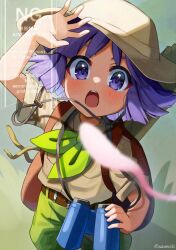 1boy :o arm_up backpack bag belt binoculars blush brown_bag brown_belt budding_expeditioner_(pokemon) budding_expeditioner_(pokemon)_(cosplay) bugsy_(pokemon) collared_shirt commentary_request cosplay creatures_(company) day game_freak gen_1_pokemon green_shorts hat holding holding_binoculars legendary_pokemon male_focus mew_(pokemon) mythical_pokemon nintendo open_mouth outdoors pokemon pokemon_(creature) pokemon_hgss pokemon_tcg pokemon_tcg_pocket purple_eyes purple_hair shirt short_sleeves shorts teeth upper_teeth_only wakamewakame282 watermark yellow_hat