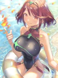 Rule 34 | 1girl, bare arms, bare shoulders, beach, black one-piece swimsuit, breasts, chest jewel, competition swimsuit, covered navel, day, fire, from above, fujie-yz, highres, innertube, large breasts, looking at viewer, magic, nintendo, one-piece swimsuit, outdoors, pyra (pro swimmer) (xenoblade), pyra (xenoblade), solo, swim ring, swimsuit, water, xenoblade chronicles (series), xenoblade chronicles 2