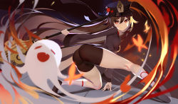 Rule 34 | 1girl, ass, black footwear, black hat, black shirt, black shorts, bright pupils, brown hair, fire, floating hair, flower, genshin impact, ghost, grin, hat, hat flower, highres, holding, holding polearm, holding spear, holding weapon, hu tao (genshin impact), kneehighs, long hair, long sleeves, looking at viewer, ocarino, plum blossoms, polearm, red eyes, shirt, shoes, short shorts, shorts, smile, socks, solo, spear, tailcoat, thighs, twintails, very long hair, vision (genshin impact), weapon, white socks