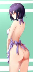 Rule 34 | 1girl, apron, ass, backless outfit, breasts, embrace-madness, from behind, highres, kanbaru suruga, looking back, monogatari (series), naked apron, purple hair, red eyes, short hair, sideboob, small breasts, solo