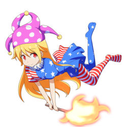 Rule 34 | 1girl, american flag dress, american flag legwear, blonde hair, cato (monocatienus), clownpiece, hat, jester cap, long hair, pantyhose, red eyes, smile, solo, striped clothes, striped pantyhose, torch, touhou, very long hair