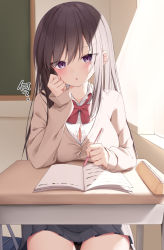 Rule 34 | 1girl, :o, black skirt, blush, book, bow, bowtie, breasts, brown cardigan, brown hair, button gap, cardigan, chalkboard, cleavage, commentary request, desk, highres, holding, holding pen, indoors, kamu (geeenius), large breasts, long hair, long sleeves, looking at viewer, miniskirt, open book, original, parted lips, pen, pencil case, pov, purple eyes, red bow, red bowtie, school desk, school uniform, sitting, skirt, solo