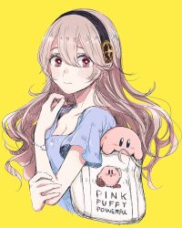 Rule 34 | 1girl, alien, black hairband, blue shirt, bracelet, breasts, brown hair, cleavage, commentary, corrin (female) (fire emblem), corrin (fire emblem), english commentary, fire emblem, fire emblem fates, hair behind ear, hairband, hand on own arm, highres, jewelry, kirby, kirby (series), long hair, looking back, medium breasts, nintendo, pointy ears, red eyes, roroichi, shirt, solo focus, super smash bros., upper body, worried, yellow background