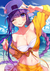 Rule 34 | 1girl, ;p, absurdres, backwards hat, bandeau, baseball cap, bb (fate), bb (fate) (all), bb (swimsuit mooncancer) (fate), bb (swimsuit mooncancer) (first ascension) (fate), bikini, braid, breasts, cleavage, comeo, comeo (komeo15), commentary request, day, fate/grand order, fate (series), hat, highres, long hair, navel, ocean, one eye closed, purple hair, single braid, solo, swimsuit, tongue, tongue out, v, white hat