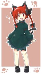 Rule 34 | 1girl, ane, animal ears, bad id, bad pixiv id, bow, braid, cat ears, cat girl, cat tail, female focus, hair bow, kaenbyou rin, looking at viewer, multiple hair bows, multiple tails, nyan, red eyes, red hair, solo, standing, tail, touhou, twin braids, twintails