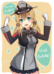 Rule 34 | 10s, 1girl, anchor hair ornament, aqua eyes, blonde hair, character name, german text, gloves, hair ornament, hat, highres, kantai collection, long hair, long sleeves, max melon, microskirt, military, military uniform, open mouth, peaked cap, prinz eugen (kancolle), skirt, solo, twintails, uniform, white gloves