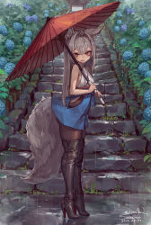 Rule 34 | 1girl, animal ear fluff, animal ears, ass, backless outfit, blue skirt, boots, breasts, dated, eyebrows, eyeshadow, fang, flower, fluffy, fox ears, fox girl, fox tail, full body, grey hair, hair between eyes, hakama, hakama short skirt, hakama skirt, high heel boots, high heels, highres, hikimayu, hydrangea, japanese clothes, leather, leather boots, long hair, makeup, oil-paper umbrella, original, pantyhose, rain, red eyes, red umbrella, reflection, short eyebrows, sidelocks, signature, skindentation, skirt, slit pupils, small breasts, solo, stairs, standing, suzuno (bookshelf), tail, thick eyebrows, thigh boots, thighhighs, thighs, torii, twitter username, umbrella, vegetation, wet ground