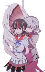 Rule 34 | 2girls, arrow (symbol), black hair, bow, bowtie, dress, grey horns, hand on another&#039;s face, hand on another&#039;s shoulder, highres, horns, jacket, kijin seija, kishin sagume, long sleeves, multicolored hair, multiple girls, nakukoroni, open clothes, open mouth, purple dress, red eyes, red hair, shirt, short hair, single wing, smile, streaked hair, touhou, white hair, wings