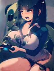 Rule 34 | 1girl, artist name, assisted exposure, at2., black hair, black panties, blunt bangs, borrowed character, breasts, controller, eyebrows, game controller, green eyes, hair ornament, hair over shoulder, hair scrunchie, lanmei, large breasts, light particles, long hair, low ponytail, multitasking, no pants, open mouth, original, panties, panty pull, playing games, print shirt, raglan sleeves, scrunchie, shirt, signature, sitting, skin tight, solo, stuffed animal, stuffed panda, stuffed toy, sweat, t-shirt, teeth, tongue, underwear, undressing