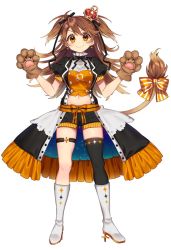 Rule 34 | 1girl, animal hands, black shorts, black thighhighs, boots, bow, brown hair, closed mouth, commentary, crown, earrings, full body, gloves, hands up, high heel boots, high heels, jewelry, lion tail, looking at viewer, mini crown, navel, official art, open clothes, open skirt, paw gloves, puffy short sleeves, puffy sleeves, re:act, sakura yuki (clochette), shishigami leona, short sleeves, shorts, simple background, single thighhigh, skirt, smile, solo, standing, star (symbol), star earrings, straight-on, tachi-e, tail, tail bow, tail ornament, thighhighs, two side up, virtual youtuber, white background, white footwear, yellow eyes